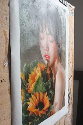 ציור שמן ייחודי / מקורי דיוקן יופי ילדה עם פרח קיר אמנות דקור לא ממוסגר צבוע חתום בדיוק כפי שתואר 16