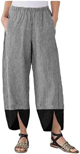 2023 מכנסי פשתן כותנה פלוס גודל, מותניים אלסטיים רחבים פלאצו יוגה קפריס קפריס מנוחה מכנסיים רחבים עם