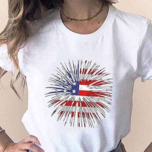 חולצת יום העצמאות של נשים 4 ביולי צמרות שרוול קצר אופנה חולצת טריקו דגל אמריקאי קיץ א-צוואר גרפי של