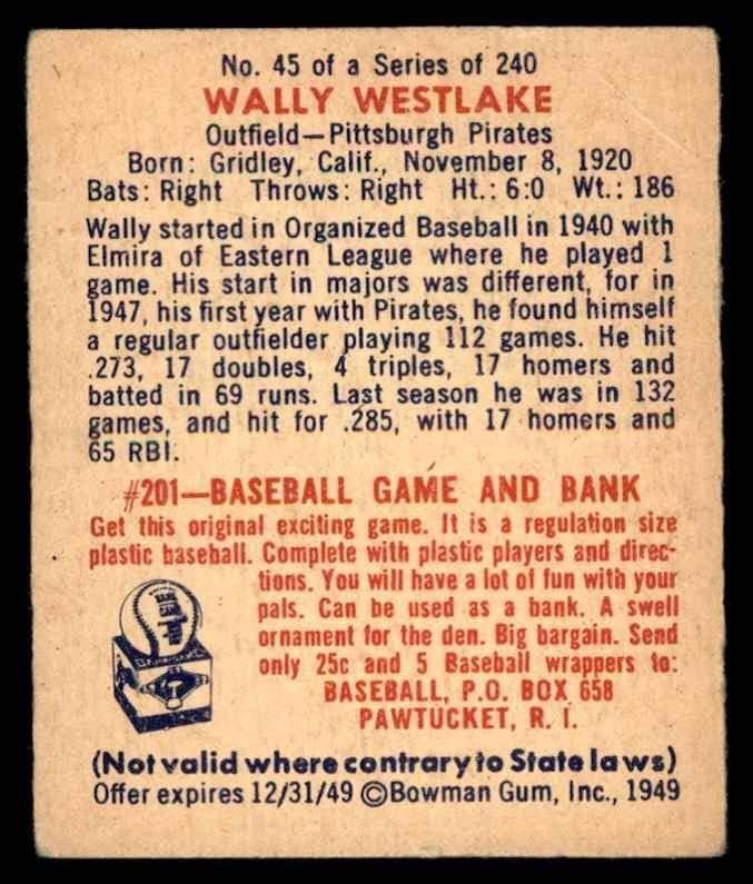 1949 Bowman 45 Wally Westlake Pittsburgh Pirates Pirates Pirates