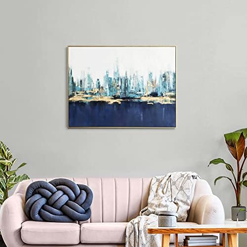 מופשט CityScape Canvas Call Art - ממוסגר חיל הים הכחול City Cirline Prints עם נייר זהב לסלון מודרני,