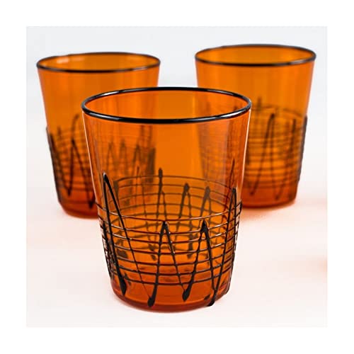 זכוכית מוראנו, שישה כוסות כתומות עם פרטים שחורים, כלי זכוכית בעבודת יד, יצירות אמנות מזכוכית מפוצצת,