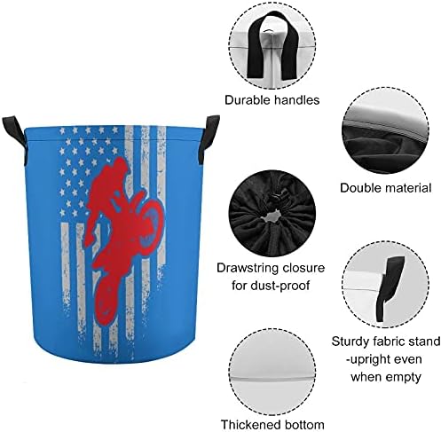 מוטוקרוס אופני עפר ארהב אמריקאי דגל כביסה סל עם שרוך סגירת מכסה וידיות אחסון סל עבור שינה משרד