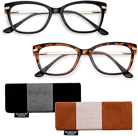 מדיסון שדרת 2 מארז קייט קריאת משקפיים לנשים, אופנה קוראי עם נוחות אביב ציר שחור, צב +1.5