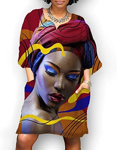 נשים של בציר מיני שמלה מזדמן רופף אפריקאי חריץ צוואר התיכון שרוול כיס קצר שמלת מסיבת מועדון שמלה