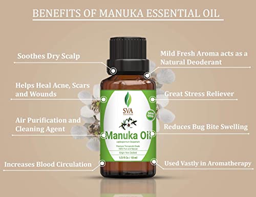 SVA Organics Manuka שמן אתרי 10 מל שמן טבעי טהור לא מדולל לעור, פנים, פנים, ציפורניים, טיפול בגוף וארומתרפיה