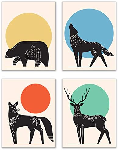 הדפסים של חיות יער סקנדינביות - סט של 4 אינץ 'מבריק מינימליסטי נורדי מופשט עכשווי היפסטר שחור יער שחור