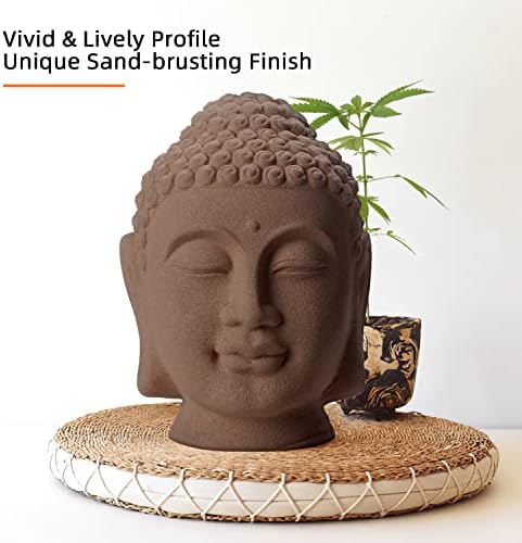 פסל ראש ראש בודהה קרמי לעיצוב הבית, חיוך ראש בודהה עם משטח פיצוץ חול לשולחן מזבח מדיטציה, פסל סלון רוחני,