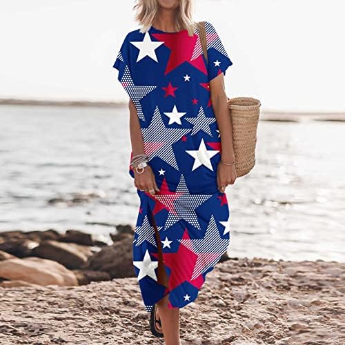 נשים יום עצמאות ארוך שמלות שרוול קצר צווארון עגול פטריוטי שמלות יולי 4 אמריקאי דגל הדפסת מקסי שמלה