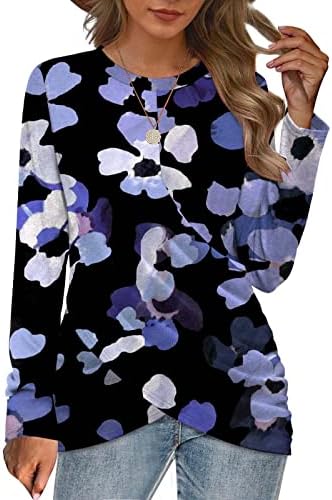 ארוך שרוול חולצות לנשים נשים של אופנה מזדמן מוצק צבע עגול צוואר צלב קפלי רופף ארוך שרוול חולצה