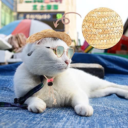 6 חתיכות תחפושת חתול כלב חיות מחמד, משקפי שמש לחיות מחמד וכובע קש קיץ עם קיץ עם צווארון שרשרת זהב פו,