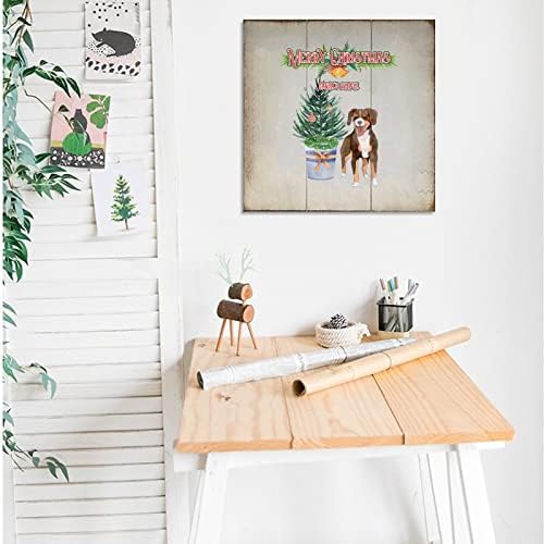 סגנון כפרי מזרן עץ חג המולד עץ חג המולד מחמד מחמד כלב שמח חג מולד סנטה עזרה 16x16 אינץ 'קיר מעץ לאמנות