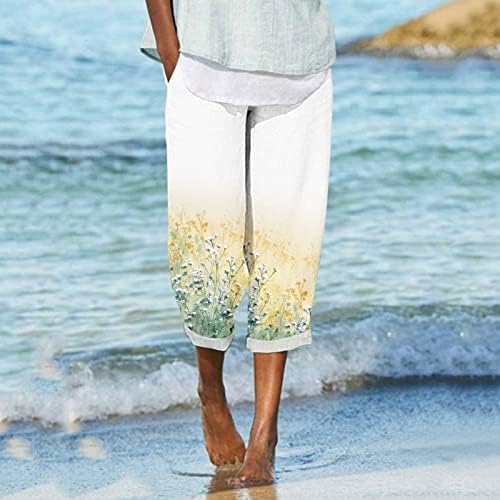 Grge Beuu כותנה פשתן מכנסי מטען מכנסי קפרי לנשים קיץ מכנסיים פרחים נוחים מודפסים עם כיסים עם כיסים