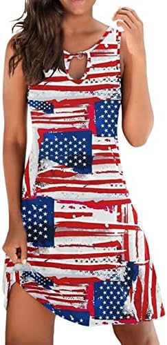 4 ביולי שמלה לנשים מקרית קיץ חוף שמלה אמריקאי דגל חור מנעול ללא שרוולים צוואר פסים לקשור צבע שמלה קיצית