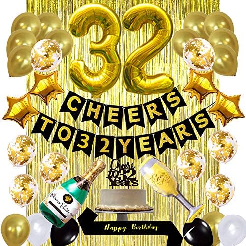 ערכת קישוטים ליום הולדת 32 זהב, לחיים ל -32 שנה בלוני באנר, עוגה 32 טופר אבנט יום הולדת, וילונות שוליים