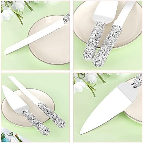 סט סכין עוגת חתונה ושרתים - סט קינוח קינוח של 2 חלקים ידית קריסטל עם קישוט אבני מתכת וקריסטל לחתונה,