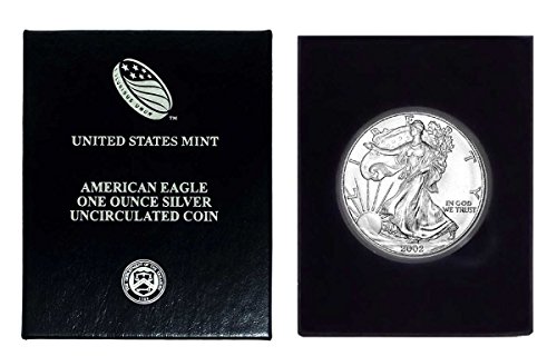 2002 - נשר הכסף האמריקני בקופסת אוויר פלסטיק ותיבת מתנה עם תעודת האותנטיות שלנו דולר ארהב מנטה ללא סירוגין
