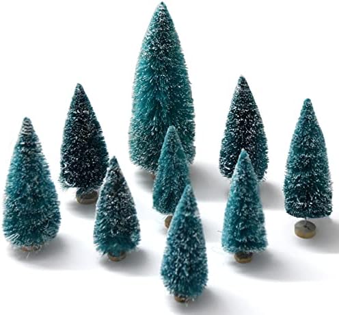 מיני מברשת בקבוק חג המולד עץ כחול -ירוק לשולחן השולחן - 9 עצים מלאכותיים עם עיצוב בסיס עץ על מדפים,