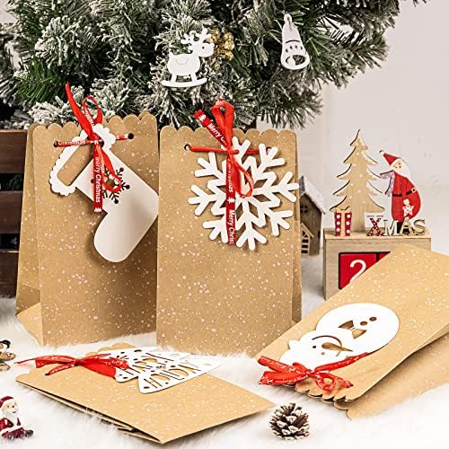 Loveinside Kraft שקיות מתנה לחג המולד עם תגיות - אנשי שלג, גרבי חג המולד, עצי חג המולד ופתית שלג עיצוב