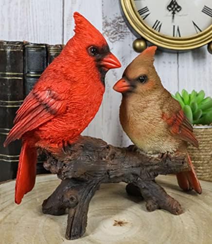מתנה של אברוס צפון אדום וחום קרדינל ציפורים ונקבה ציפורים זוגות ענף עץ פסלון טבע שרף שרף צבוע פיסול