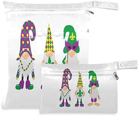 ZZXXB MARDI GRAS GNOME שקית רטובה אטומה למים חיתול בד לשימוש חוזר תיק יבש רטוב עם כיס רוכסן לטיולים