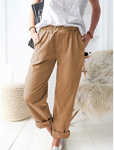 מכנסי פשתן לנשים מותניים אלסטיים משוך מכנסי קאפרי קיץ מכנסיים קצוצים מזדמנים מכנסיים מותניים גבוהים
