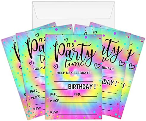 Axamdam זה זמן המסיבה! כרטיסי הזמנות ליום הולדת של עניבה לצבע, הזמנות למסיבות לילדים לבנים ולבנות, 20