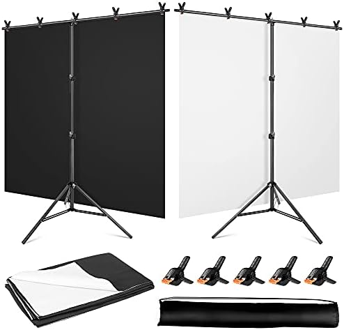 מסך רקע שחור לבן יאויה עם ערכת מעמד 5 על 6.5 רגל לסטודיו לצילום וידאו, מסך לבן רקע שחור 2 ב -1 שניתן