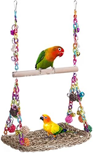 צעצוע נדנדה של עשב ים בציפור, כדורי ראטאן צבעוניים מוטת ציפורים עומדת צעצוע לעיסה עם מוט עץ לקוקטייל