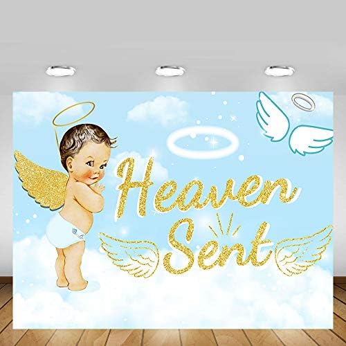 7 * 5 רגל חמוד גן עדן נשלח ילד תינוק מקלחת מסיבת רקע אבזרי אור כחול שמיים לבן ענן מלאך זהב כנף קישוטי