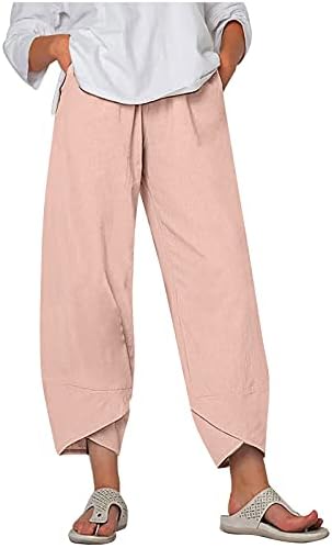 מכנסי רגל רחבים לנשים מכנסי פשתן כותנה מכנסי מותניים אלסטיים קרסול מכנסי קיץ מכנסיים עם כיס עם כיס