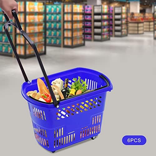 עגלות קניות 35L 6 יחידות עם גלגלים וידית, סל קניות סל קניות פלסטיק, סל קניות נייד בסופרמרקטים ובחנויות