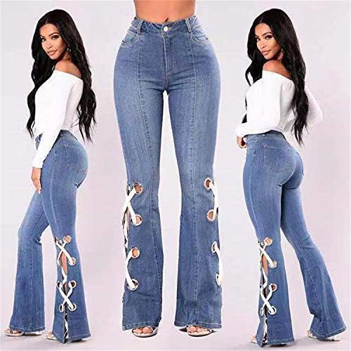 נשים גבוהה מותן התלקחות ג 'ינס קלאסי גבוהה מותן פעמון תחתון ז' אן מכנסיים תחבושת סדק ג ' ינס מכנסיים