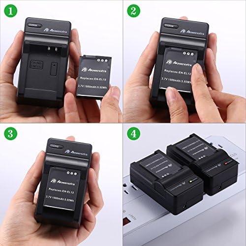 Powerextra EN-EL12 סוללה ומטען 2 חבילות תואמות ל- Nikon Coolpix A1000, B600, CoolPix AW130, A900, W300,