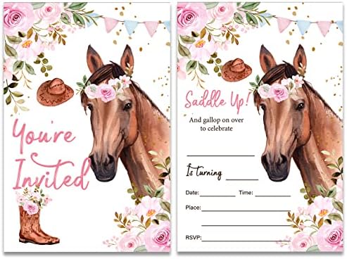 הזמנות למסיבת יום הולדת לסוס פרחוני עם מעטפות סט של 20 אוכף נערות מעלה הזמנות לסוס בוקרת בצבעי מים מזמין