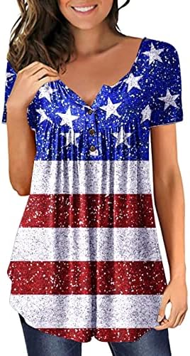 חולצות מזדמנים לנשים אופנה פלוס גודל יום עצמאות יום דגל אמריקאי הדפס כפתור שרוול קצר
