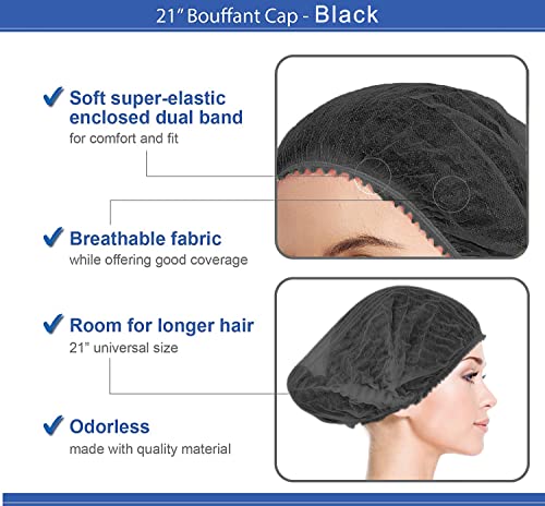 סמילקו שחור שחור חד פעמי כובעי בופנט חבילה של 200, 21 אינץ 'רשת שיער, מכסה אבק אלסטי לשירות אוכל, כיסוי