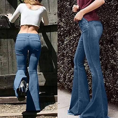 מכנסי ג'ינס קלאסיים מותניים קלאסיים של נשים מכנסיים רזים מוטבנים פלייר פעמון גולמי מכנסיים ג'ין ג'ין