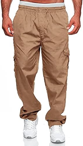 מכנסי מטען של Dudubaby Mens מכנסיים טרקלין מגברים אופנה בצבע מוצק מזדמן מכנסיים כיס אלסטי
