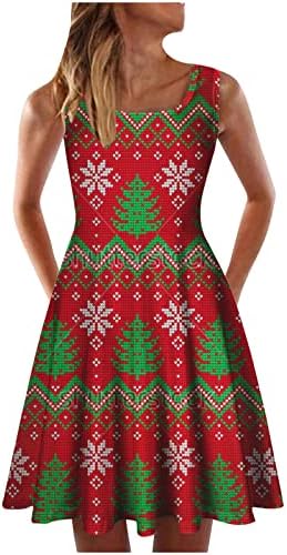 נשים חג המולד טנק שמלות ללא שרוולים חג קוקטייל המפלגה שמלה קצר נדנדה קפלים צוואר חג המולד מיני שמלות