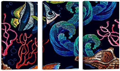 אמנות קיר לסלון, ציור שמן על בד גדול ממוסגר חיי ים פגזים אלמוגים אלמוגים דגים טרופיים יצירות אמנות לעיצוב