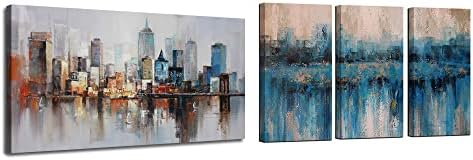 מודרני מופשט עירוני נוף ברוקלין גשר ציור ניו יורק ציור 40 x20 וכחול קיר מופשט ארט מרקם ציור נוף 16 x32