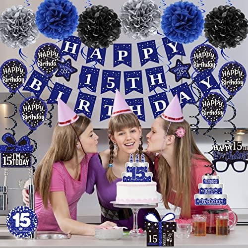 קישוטים ליום הולדת 15 לבנים בנות, כחול שמח מערבולת יום הולדת 15 קישוטי מסיבות באנר, חמש עשרה עיצוב יום