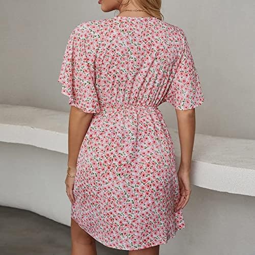 הדפס מזדמן של נשים בקיץ, שרוולים קצרים צלב סקסי צווארון v צווארון המותניים המותניים השמלה A-Line שמלה