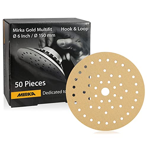 Mirka Gold Multifit 6 '' נייר זכוכית חצץ 800 וו לולאה, 50 חבילות 6 אינץ 'דיסקים מלטשים למלטש מסלול,