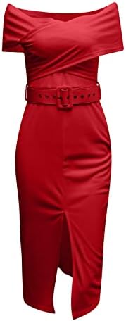 קוקטייל שמלות לנשים 2023 טרנדי קצר שרוול כבוי כתף חגורת מותן פיצול מקסי ערב עיפרון שמלה