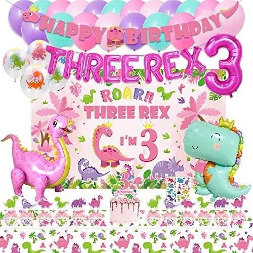 דינוזאור יום הולדת ספקי צד עבור 3 בת ילדה, שלושה רקס ורוד דינוזאור דינו מסיבת קישוטי עבור בנות תינוק