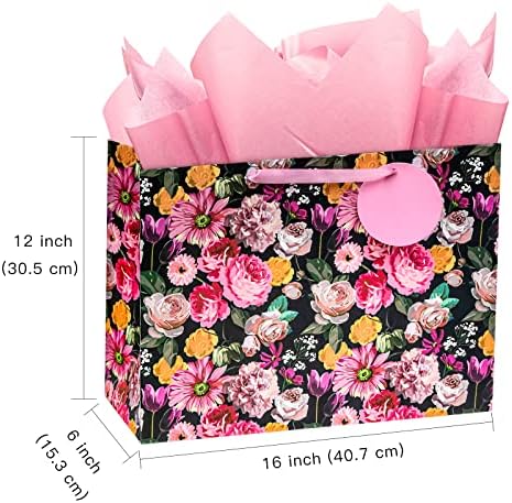 לזאקה 16 שקיות מתנה גדולות עם נייר טישו, תג מתנה וכרטיס, שקית מתנה שחורה עם עיצוב פרחים לקניות, חתונה,