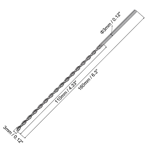 מקדח חליל פרבוליות טוויסט ספירלת הארכת 3 ממ תרגיל קוטר 160 ממ אורך, ללא ציפוי עגול שוק