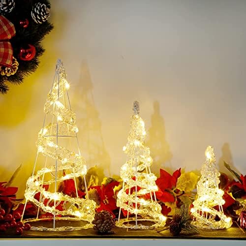 סט אדרויט של 3 אור עץ חרוט חג המולד אור הובל, קישוטי עץ חג המולד ספירלה אקריליקית, קישוטי עץ חג המולד